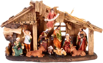Weihnachtskrippe mit 11 Figuren, Kunstharz, 32 cm, handbemalt