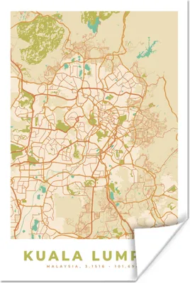 Produktbild von MuchoWow® Poster Karte - Kuala Lumpur - Stadtplan - Vintage 40x60 cm - Plakate für die Wand - Poster Babyzimmer