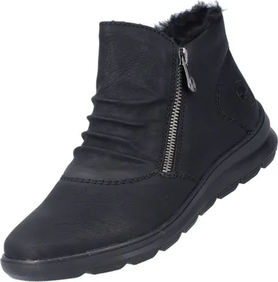 A black leather boot with a zipper and fur lining is shown against a white background.