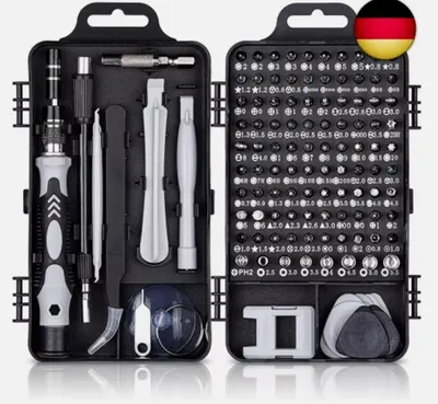 A black carrying case open to reveal a set of precision screwdrivers and bits.