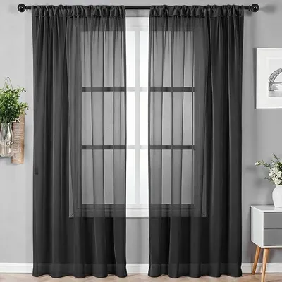 Produktbild von PolkaHome® Set von 2 transparenten Voile-Vorhängen mit Tunnelzug, Schwarz, 135 x 142 cm (H x B)