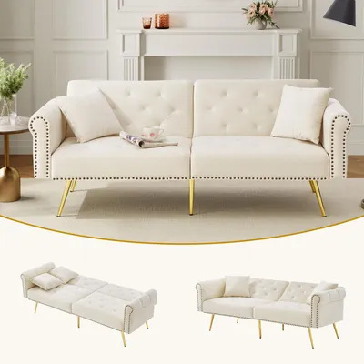 Immagine prodotto di Fortuna Lai Divano letto moderno a 2 posti – rivestimento in velluto, schienale regolabile in 3 posizioni e piedini in metallo dorato Elegante divano con funzione letto – salvaspazio, resistente, ideale per spazi ridotti