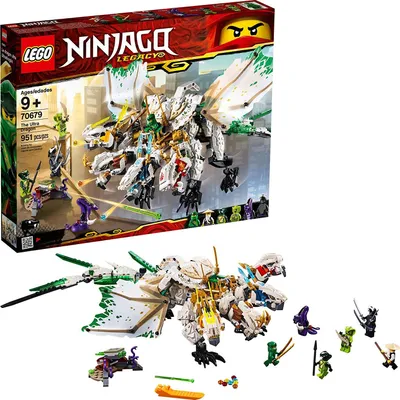 A LEGO Ninjago Legacy The Ultra Dragon set, shown both in its packaging and assembled.