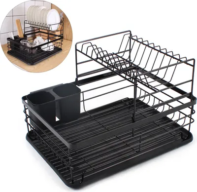 A black two-tier dish drying rack with a utensil holder.