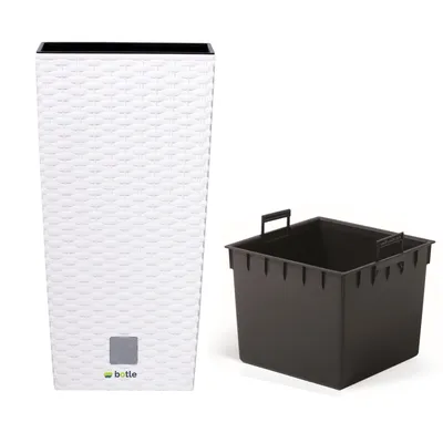 Produktbild von Blumenkübel 49 L Rattan-Optik Weiss Pflanzkübel h. 61 cm mit Innenkasten 21 L quadratisch Übertopf aus Kunststoff
