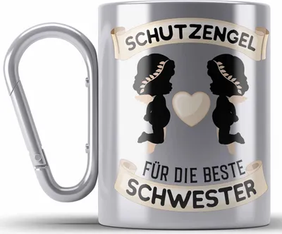 Produktbild von Trendation - Schutzengel Schwester Edelstahl Tasse Karabiner Geschenk für Schwester Geschenkidee Beste Schwester Geburtstag (Silber)