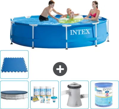 Produktbild von Intex-Schwimmbecken mit rundem Rahmen – 305 x 76 cm – Blau – im Lieferumfang enthalten Abdeckung - Wartungspaket - Filterpumpe für Schwimmbad - Filter - Bodenfliesen