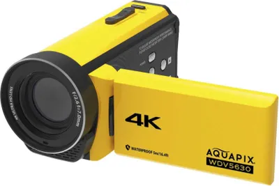 A yellow and black digital video camera is shown against a white background.