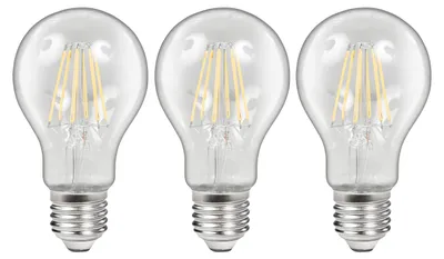 Three clear LED filament light bulbs with silver bases are arranged in a row against a white background.