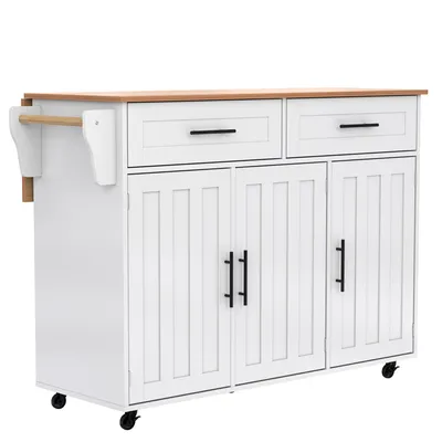 Obrázek produktu pro Abrihome Servírovací vozík kuchyňský vozík se sklopnou pracovní deskou a kolečky, kuchyňský ostrůvek se 2 zásuvkami, kuchyňská skříňka kuchyňský vozík, bílý