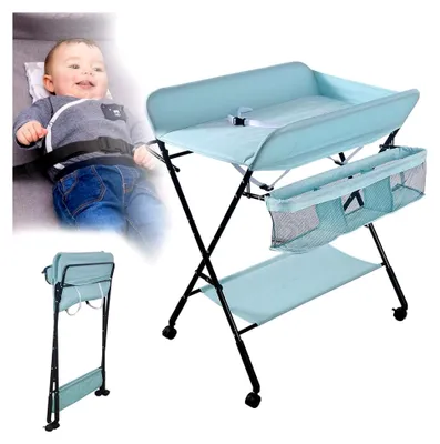 Produktbild von Wickeltisch Klappbarer und Tragbarer,Baby Wickelkombi,Höhenverstellbar,Klappbare Wickelkommode,Sicherheitsgurt und Ablagefächern(Himmelblau)
