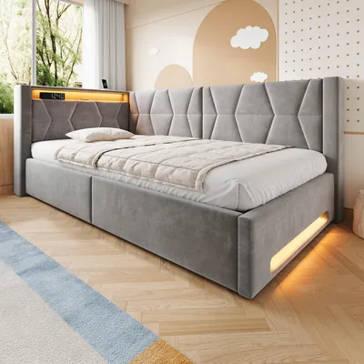 Immagine prodotto di Letto imbottito in velluto MODFU, modello divano letto, dimensioni 140x200, con cassettone sollevabile idraulico, letto per ragazzi con LED e testiera imbottita, letto matrimoniale con spazio contenitivo, senza materasso, colore grigio