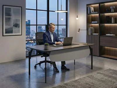 Productafbeelding van Bureau zonder lades, bruin. Modern bureau met metalen frame