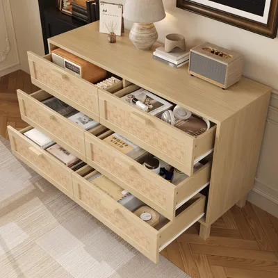 Image de MODFU Commode - Meuble de Rangement Design avec 6 Tiroirs Pratiques, Commode Contemporaine pour Salon ou Chambre, 120×40×75 cm, Naturel