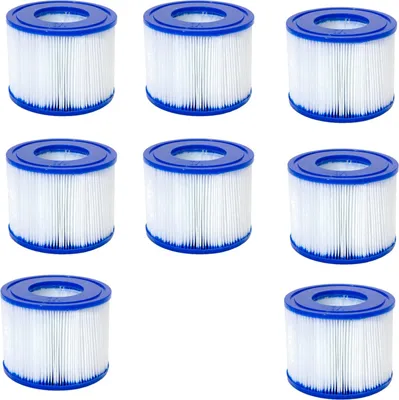 A collection of nine identical spa filter cartridges arranged in a grid.