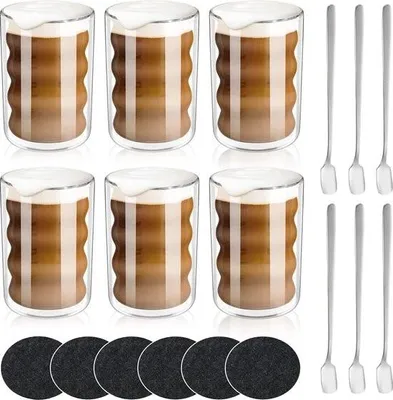 Produktbild von Set mit 6 Latte Macchiato Gläsern, doppelwandig, 350 ml, Thermoskanne aus Borosilikatglas, spiralförmige Espressotassen, Kaffeetassen, Trinkgläser, Cappuccinotassen, Eisbecher, Glas, 6 Löffel.