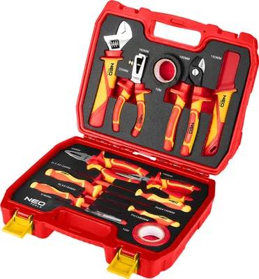 Produktbild von NEO TOOLS Elektriker Werkzeugset: 13-tlg., Isolierte CrV/S2 Werkzeuge, 2x Isolierband, Koffer, Für Montage, Reparatur & Installationen