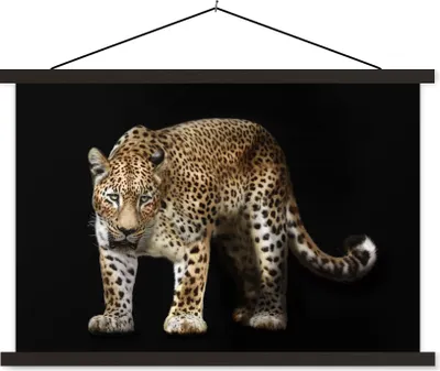 Produktbild von MuchoWow® Textilposter Leopard - Wild - Schwarz 90x60 cm mit schwarzem Rahmen - Aufhängungssatz