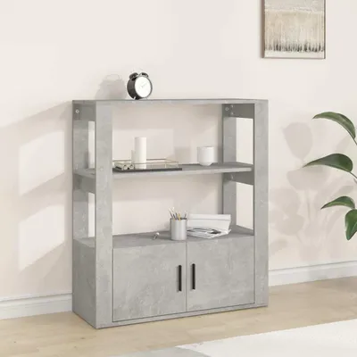 A gray sideboard with two doors and two shelves is shown against a light-colored wall.