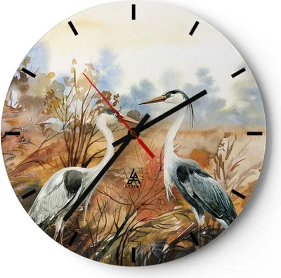 Produktbild von Wanduhr - Rund - Glasuhr - Kraniche Vögel Herbst - 30x30cm - Schleichendes Uhrwerk - Lautlos - zum Aufhängen bereit - Dekoration Modern - Wanddekoration aus Glas - C3AR30x30-5077