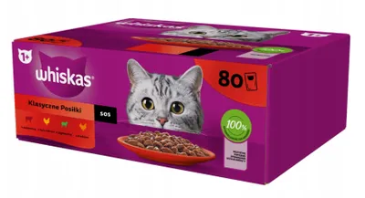 Zdjęcie produktu dla Whiskas Klasyczne Posiłki (1+) - mokra karma dla dorosłych kotów z wołowiną, kurczakiem, jagnięciną i drobiem w sosie, saszetki 80x85g