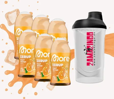 Produktbild von More Zerup Capri Orange Zuckerfreier Sirup 65 ml (6er Pack) + Gratis Zama4Zingo Shaker 600ml