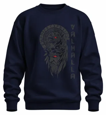 Imagen del producto de Sudadera uni con motivos vikingos: Valhalla, cráneo, runas nórdicas, Odin, cuervos, color azul marino, talla XL