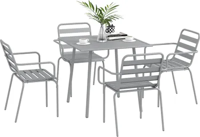 Produktbild von Outsunny 5-częściowy zestaw wypoczynkowy, zestaw mebli ogrodowych, zestaw wypoczynkowy z 1 stołem, 4 szt. krzeseł, zestaw ogrodowy, na balkon, taras, stalowy, jasnoszary