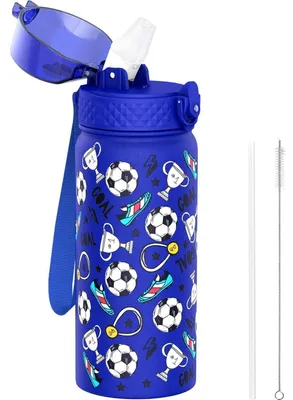 Obrázok produktu pre Izolovaná fľaša na vodu Kinder, 550 ml, nerezová oceľ, s brčkom, modrá, motív futbalu, bez BPA