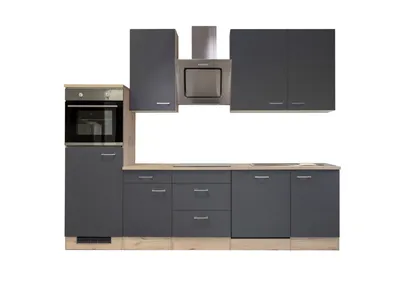 Produktbild von Küchenzeile mit E-Geräten & Geschirrspüler - 280 cm breit - Basaltgrau Matt San Remo Eiche – Morena