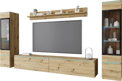 A modern living room wall unit with a TV, shelves, and cabinets, displayed against a white background.