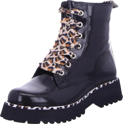A single black boot with leopard print laces and trim, presented against a white background.