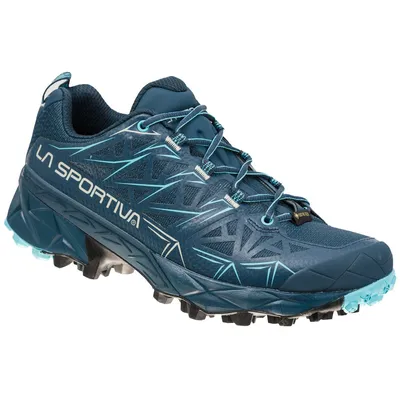 Trailrunning-Schuhe für Damen; Modell "Akyra Woman Gtx" von La Sportiva in Blau mit griffiger Sohle.