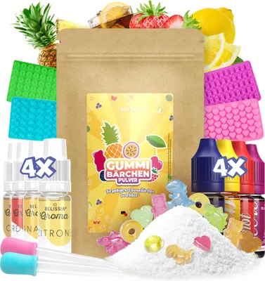 Produktbild von Belissia Gummibärchen zum selber machen. Spaßiges DIY Set zur Herstellung von ca. 1KG bunten, aromatisierten Fruchtgummis. Inklusive Aromen, Farben und Formen