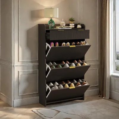 Produktbild von UnboxG Schwarzer Schuhschrank 77,1×24,2×133,5 cm – Schuhkommode mit Ablagefläche, 2-in-1 Stauraum mit Klappfächern und Schublade, Schuhregal für Flur, Schlafzimmer oder Eingangsbereich