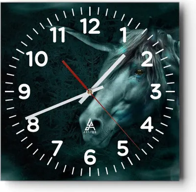 Produktbild von Wanduhr - Quadrat - Glasuhr - Computergrafik Pferd Horn - 30x30cm - Schleichendes Uhrwerk - Lautlos - zum Aufhängen bereit - Dekoration Modern - Wanddekoration aus Glas - C4AC30x30-0344