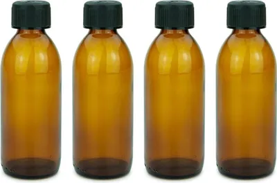 4 braune Glasflaschen 200 ml mit Schraubdeckel, Laborflasche