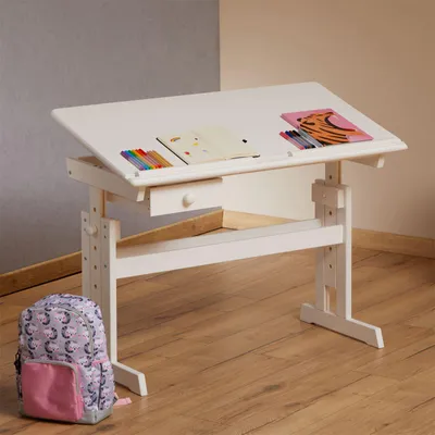 Produktbild von Kinderschreibtisch FLEXI mit Kippfunktion und Höhenverstellung, praktischer Schreibtisch aus massiver Kiefer in weiß