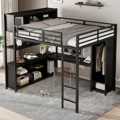Image de OKWISH Lit Mezzanine 140x200 cm - Double Métal avec Bureau et Armoire - Sans Matelas - Noir