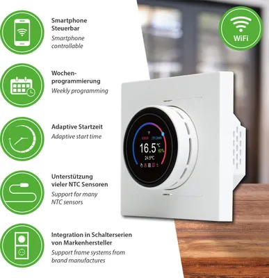 A white smart thermostat is displayed on a wooden surface, with a background showing a blurred interior. Feature icons and text descriptions are arranged to the left of the thermostat.
