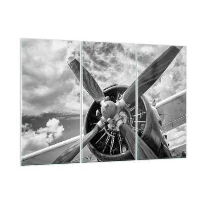 Produktbild von Bilder auf glas - 3 Teile - Motor Schwarzweiß Propeller - 165x110cm - Glasbilder - Wandbilder - Bilder - Wanddekoration aus Glas - Glas Bilder - Wandbild auf Glas - GCE165x110-4289