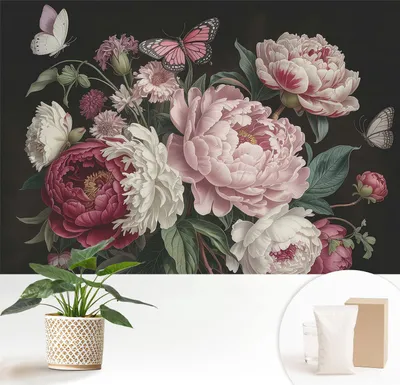 Produktbild von Fototapete  - 152x104 cm - Tapete - Wandtapete - Wandbilder  - Dekofolie - Tapete Folie - Wand - Dekoration - Wohnzimmer - Pfingstrosen und Schmetterlinge