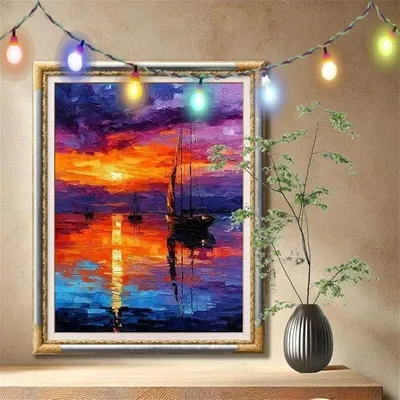 Imagen del producto de Kit de pintura con diamantes 5D para adultos, tamaño grande (90x120 cm), diseño de velero y atardecer. Kit de manualidades de pintura con diamantes, bordado de cristal tipo "pointillisme" para niños, ideal para decorar oficinas o paredes. Modelo 59N-7998