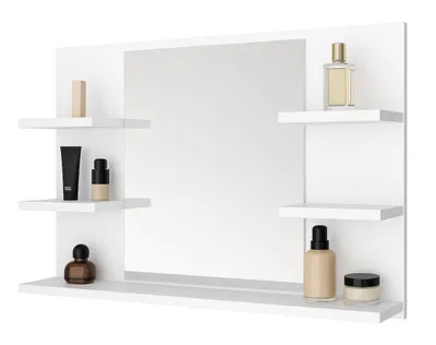 Produktbild von Badspiegel mit 5 Ablagen Badezimmerspiegel Spiegel Regal Wandspiegel Hängespiegel Badmöbel Spiegel Flurspiegel für Schlafzimmer Weiß 80X50