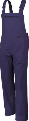 A full-body shot of a pair of dark blue overalls against a white background.