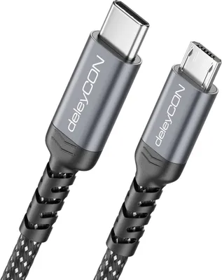 A close-up shot of a USB-C to Micro USB cable.