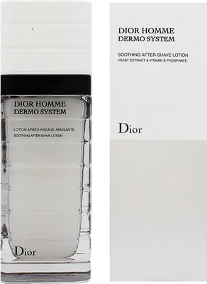 A bottle of Dior Homme Dermo System Soothing After-Shave Lotion is shown next to its packaging.