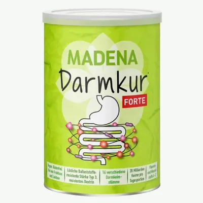 A product shot of a green can of Madena Darmkur forte powder against a white background.