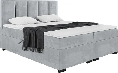 Produktbild von MEBLINI Boxspringbett mit Bettkasten - Gepolstert Doppelbett mit Matratze und Topper - Polsterbett mit Stauraum - Bett mit Kopfteil - Stauraumbett - Antonio Black - 200x220 - H3/Hellgrau Samt