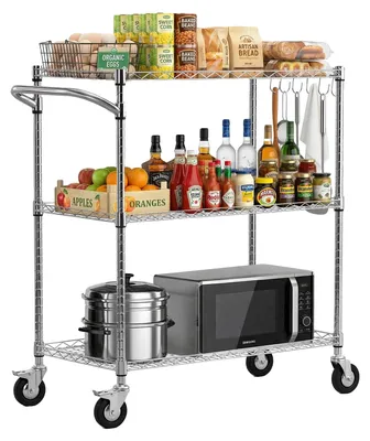 Productafbeelding van VEVOR Keukenwagen met 3 niveaus, zwaar belastbaar serveerwagen tot 300 kg, wagen met in hoogte verstelbare draadroosters en handgreep, metalen plankwagen op wielen voor keuken, garage en wasruimte, 890 x 453 x 1040 mm